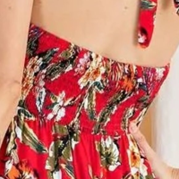 Red Floral Maxi Halter Dress Hi-Lo Open Back Summer Maxi - Ruffle Hem - By Easel - Picture 9 of 9
